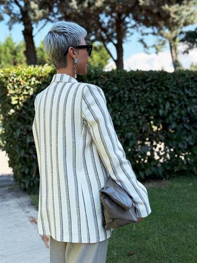 KAHVE ÇİZGİLİ KETEN BLAZER CEKET