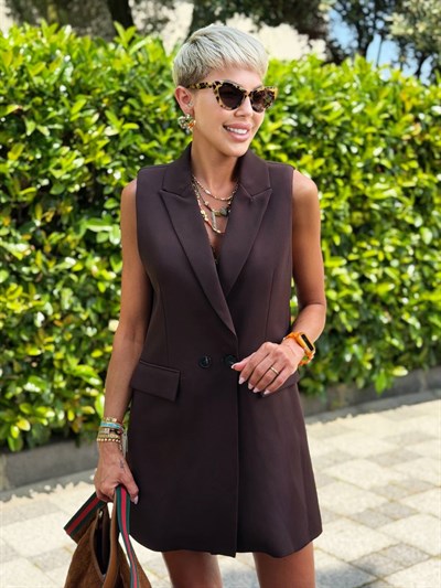 KAHVE DANTEL ETEKLİ BLAZER YELEK ELBİSE