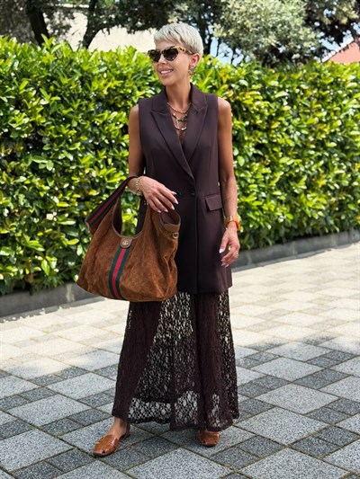 KAHVE DANTEL ETEKLİ BLAZER YELEK ELBİSE