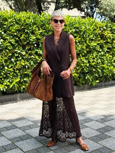 KAHVE DANTEL ETEKLİ BLAZER YELEK ELBİSE