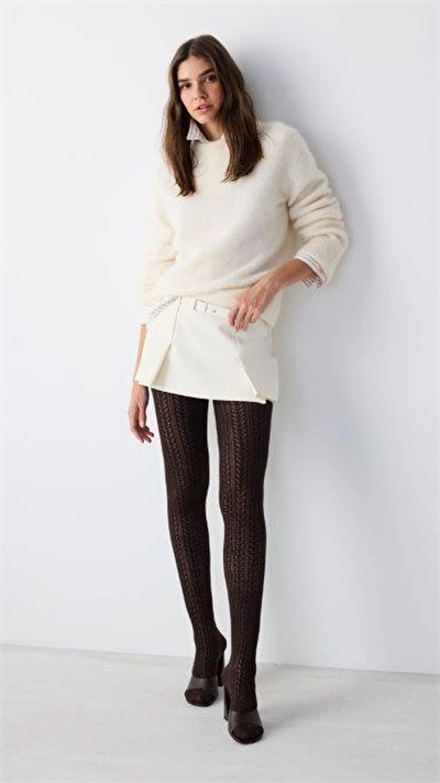 KAHVE DESENLİ DELİKLİ TRİKO KİLOTLU ÇORAP