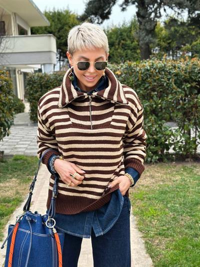 KAHVE DİK YAKA FERMUARLI ÇİZGİLİ SELANİK TRİKO