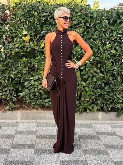 KAHVE DÜĞME DETAYLI ELBİSE