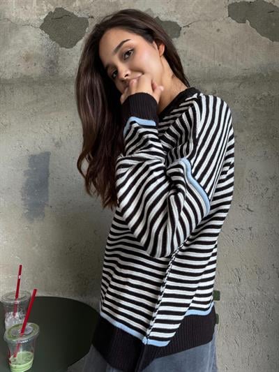 KAHVE EKRU ÇİZGİLİ TRİKO KAZAK