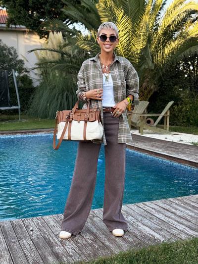 KAHVE ESKİTME DESENLİ PALAZZO PANTOLON