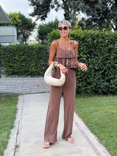 KAHVE FIRFIRLI CROP PANTOLON TAKIM