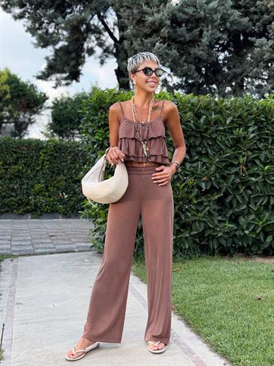 KAHVE FIRFIRLI CROP PANTOLON TAKIM