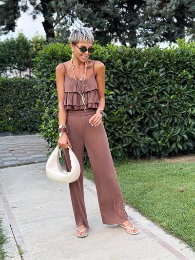 KAHVE FIRFIRLI CROP PANTOLON TAKIM