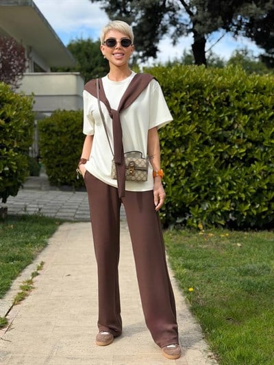 KAHVE FULAR DETAYLI TSHIRT PANTOLON TAKIM