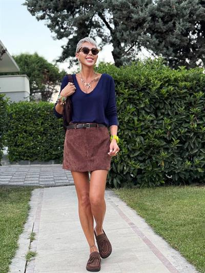 KAHVE KADİFE FİTİLLİ ŞORT ETEK 