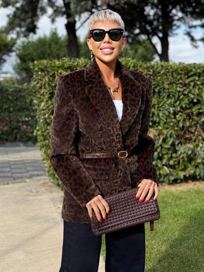 KAHVE KEMERLİ LEOPAR PELUŞ CEKET