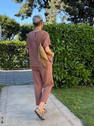 S.STUDIO KAHVE KETEN SALAŞ BLUZ PANTOLON TAKIM