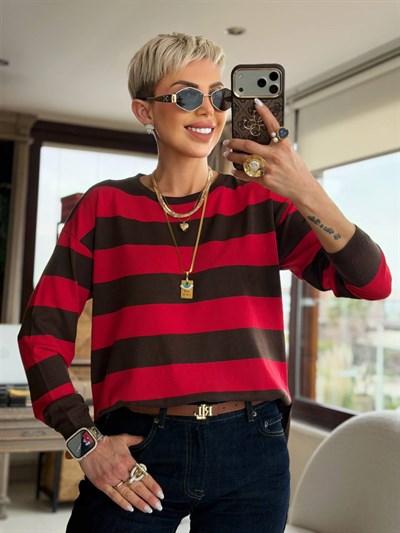 KAHVE KIRMIZI KALIN ÇİZGİLİ MERSERİZE