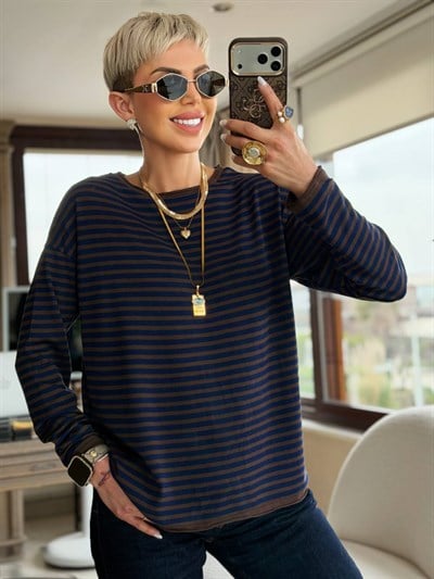 KAHVE LACİVERT İNCE ÇİZGİLİ MERSERİZE