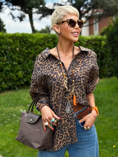 KAHVE LEOPAR DESEN OVERSIZE GÖMLEK