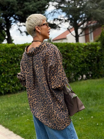 KAHVE LEOPAR DESEN OVERSIZE GÖMLEK