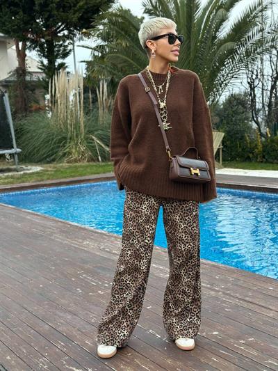 KAHVE LEOPAR DESENLİ RAHAT PANTOLON
