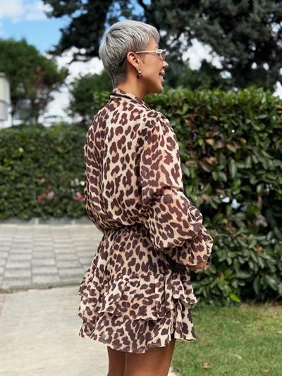 KAHVE LEOPAR DESENLİ ŞİFON ETEK GÖMLEK TAKIM