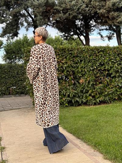 KAHVE LEOPAR DESENLİ UZUN HIRKA