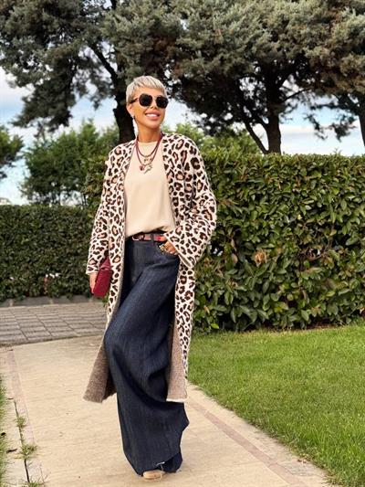 KAHVE LEOPAR DESENLİ UZUN HIRKA