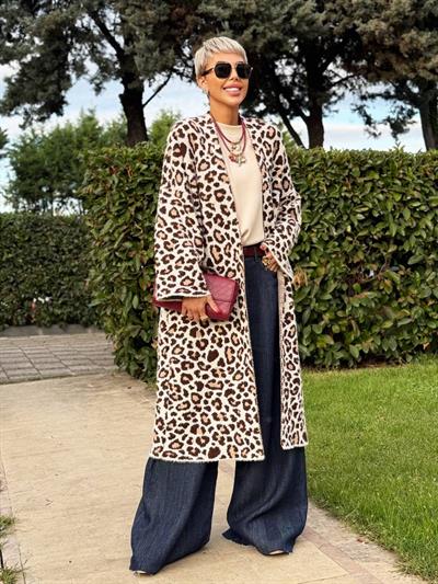 KAHVE LEOPAR DESENLİ UZUN HIRKA