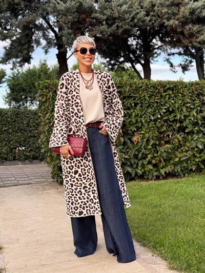 KAHVE LEOPAR DESENLİ UZUN HIRKA