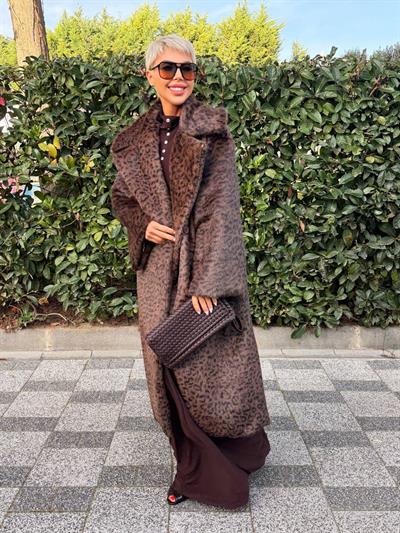 KAHVE LEOPAR UZUN KÜRK KABAN
