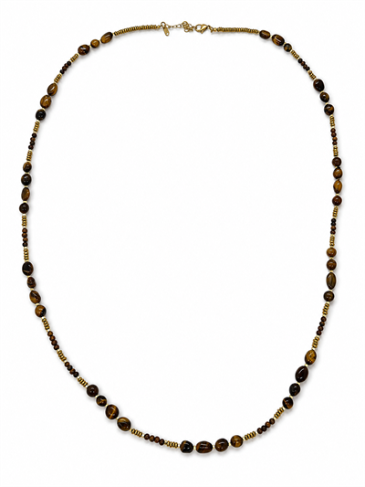 Kahve Oval Taşlı Gold Detaylı Uzun Kolye