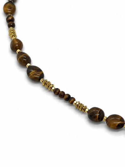 Kahve Oval Taşlı Gold Detaylı Uzun Kolye