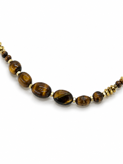 Kahve Oval Taşlı Gold Detaylı Uzun Kolye