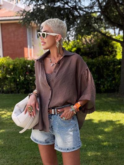 KAHVE OVERSIZE İPEKSİ GÖMLEK