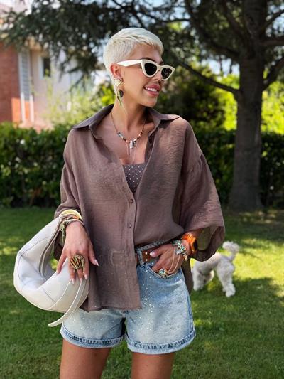 KAHVE OVERSIZE İPEKSİ GÖMLEK