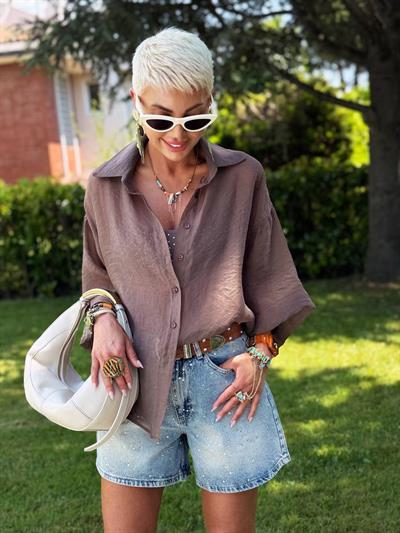 KAHVE OVERSIZE İPEKSİ GÖMLEK