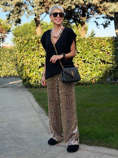 KAHVE PAYETLİ LEOPAR DESEN PANTOLON