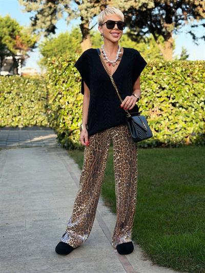 KAHVE PAYETLİ LEOPAR DESEN PANTOLON