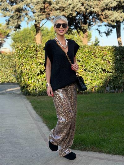 KAHVE PAYETLİ LEOPAR DESEN PANTOLON