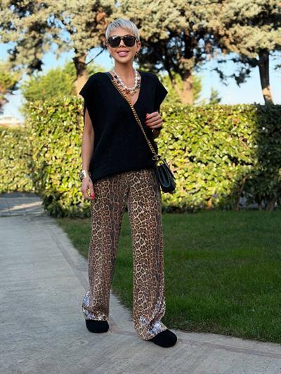 KAHVE PAYETLİ LEOPAR DESEN PANTOLON