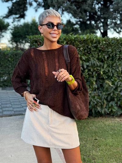 KAHVE SAÇ ÖRGÜ AJURLU TRİKO KAZAK 