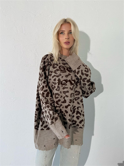 KAHVE SELF LOVE LEOPAR DESENLİ TRİKO