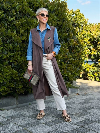 KAHVE TAŞ İŞLEMELİ ÇIKARILABİLİR CEKETLİ TRENÇKOT