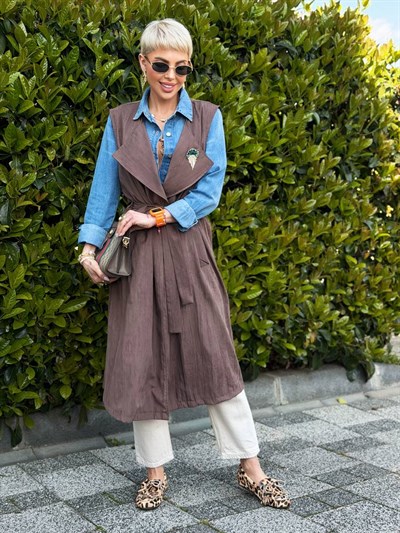 KAHVE TAŞ İŞLEMELİ ÇIKARILABİLİR CEKETLİ TRENÇKOT