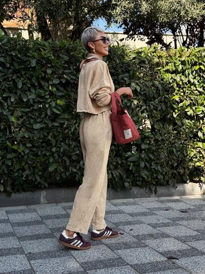 KAHVE YIKAMALI CROP PANTOLON TAKIM 