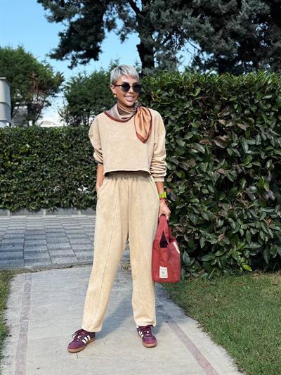 KAHVE YIKAMALI CROP PANTOLON TAKIM 