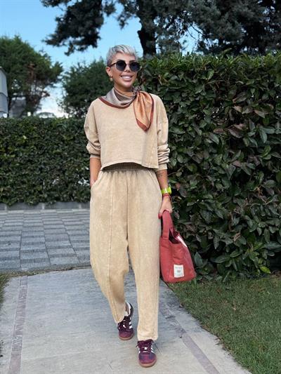 KAHVE YIKAMALI CROP PANTOLON TAKIM 