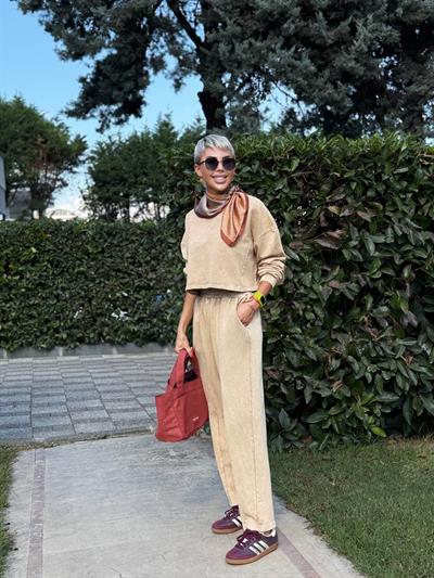 KAHVE YIKAMALI CROP PANTOLON TAKIM 