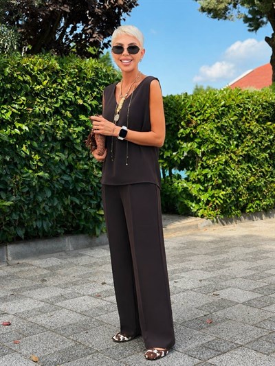 Kolsuz Bluz Pantolon Takım - Acı Kahve