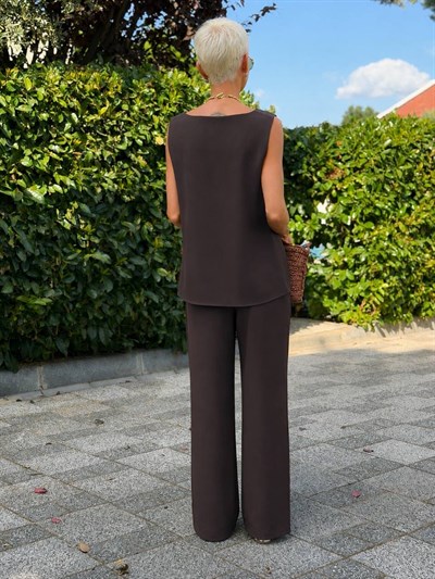 Kolsuz Bluz Pantolon Takım - Acı Kahve