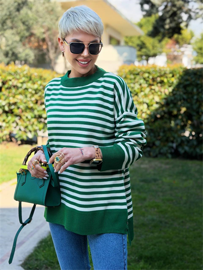 KOYU YEŞİL KREM ÇİZGİLİ OVERIZE TRİKO KAZAK