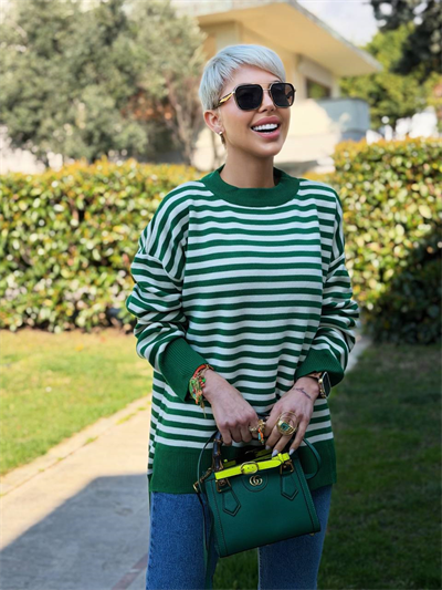 KOYU YEŞİL KREM ÇİZGİLİ OVERIZE TRİKO KAZAK