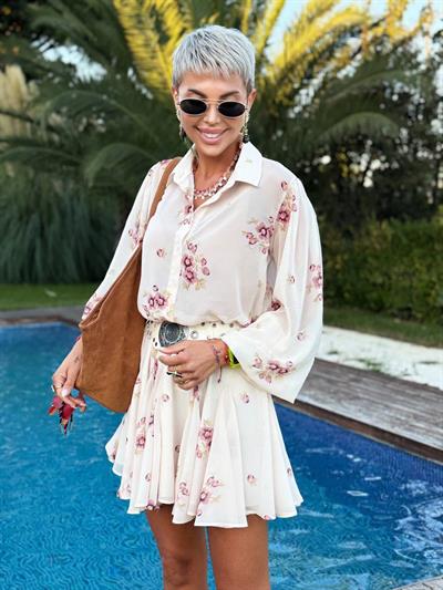 KREM RENK ÇİÇEK DESENLİ ŞİFON ETEK GÖMLEK TAKIM